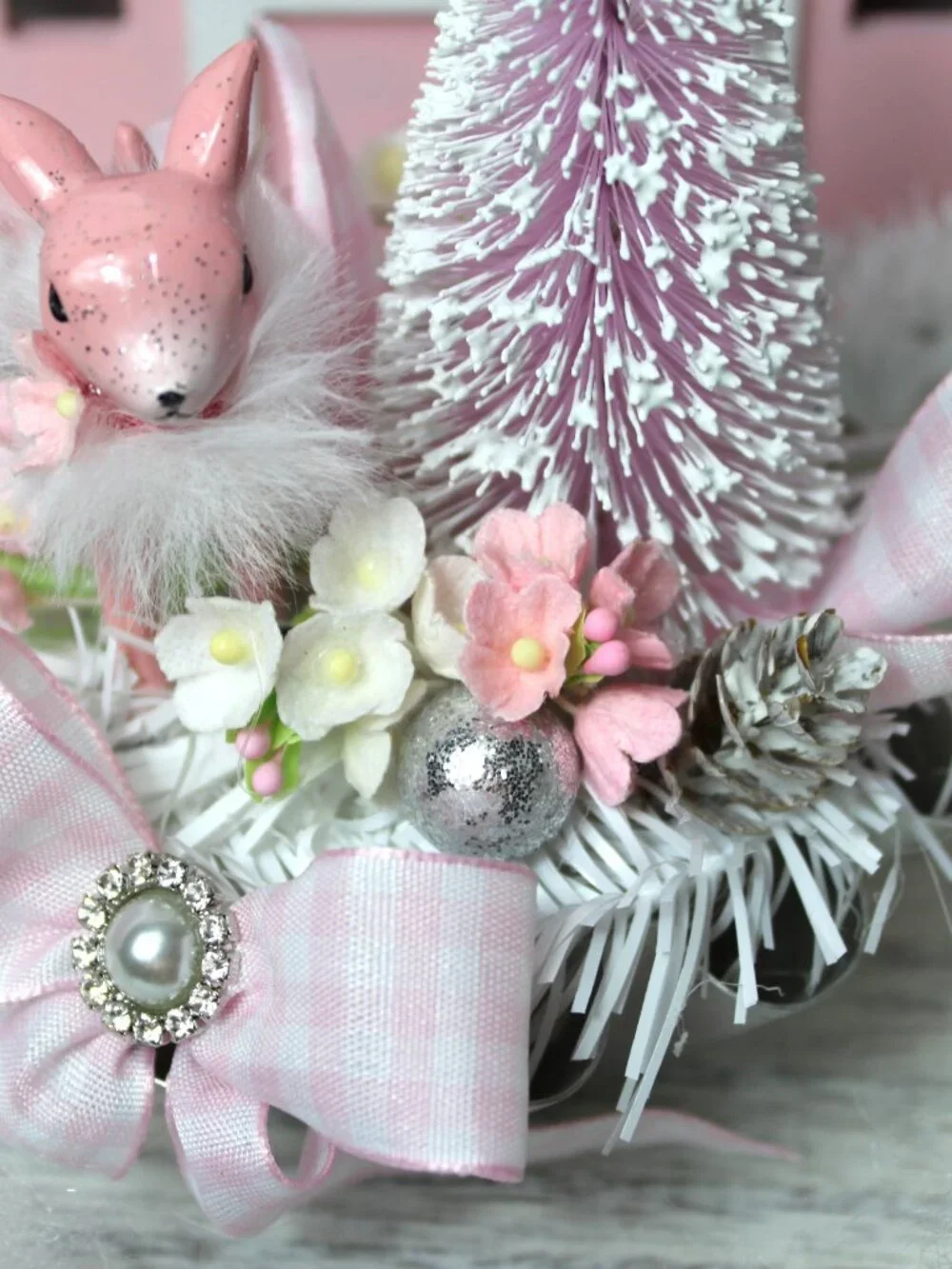 Pink Deer Christmas Assemblage: Bottle Brush Trees in Vintage Tart Tin